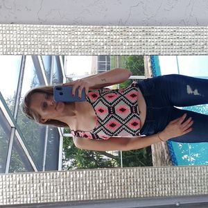 Beige, orange and black Aztec print top